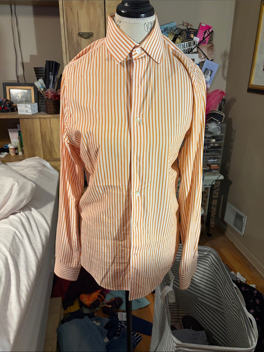 Express Orange Stripe Dress Shirt - Classic Button-Down - Small
